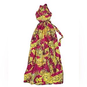 Grass-Fields African Print Halter Maxi Dress, Pink and Yellow, Small
